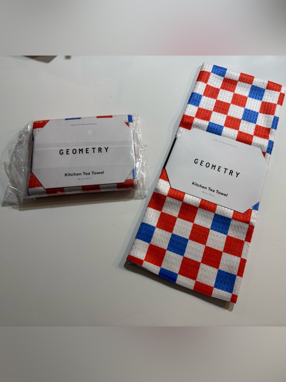 2 GEOMETRY Red, White & Blue Checkered Kitchen Tea Towels - Brand New, Patriotic